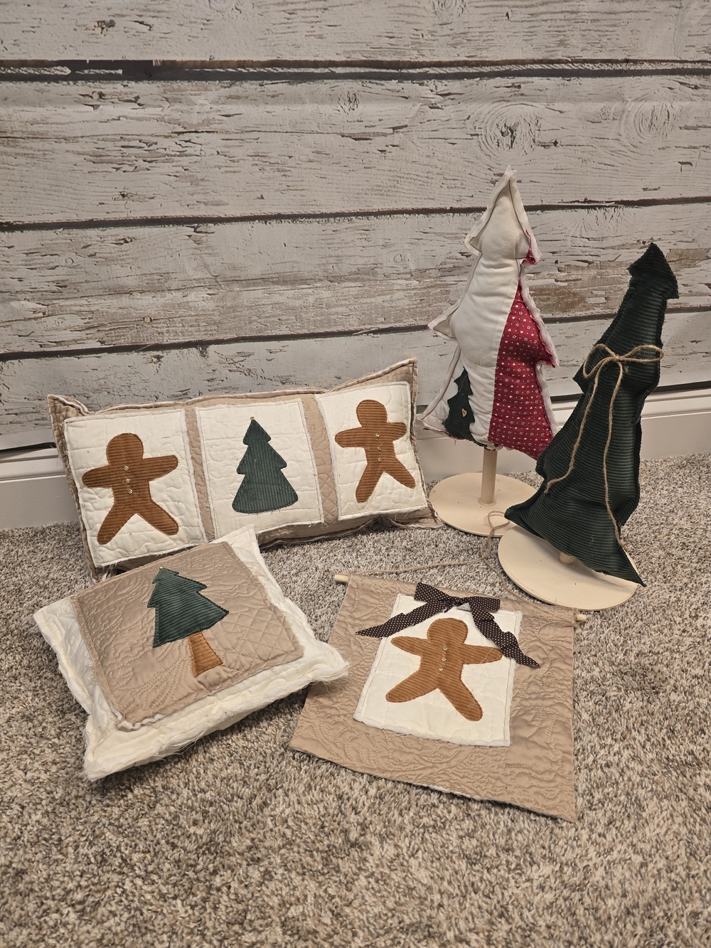 Handmade Holiday Gingerbread & Tree Pillow and Décor Set in Green and Tan
